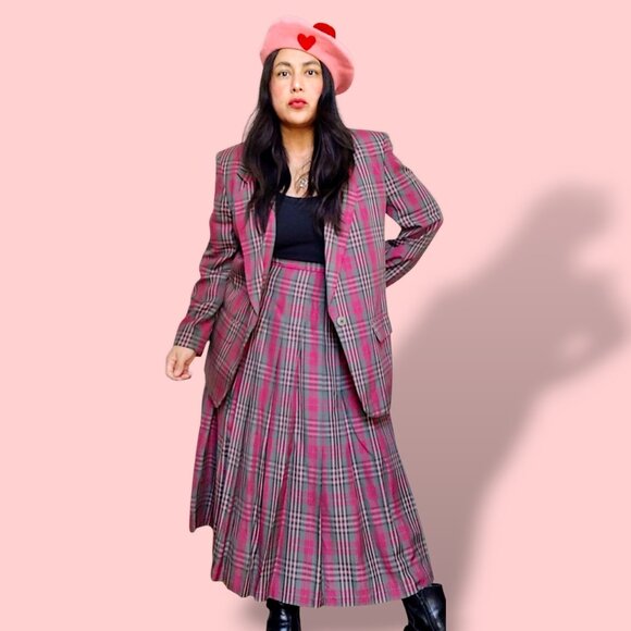 Pendleton vintage 80's USA made pink grey plaid 2 pc set jacket skirt 12/14 - Picture 2 of 8